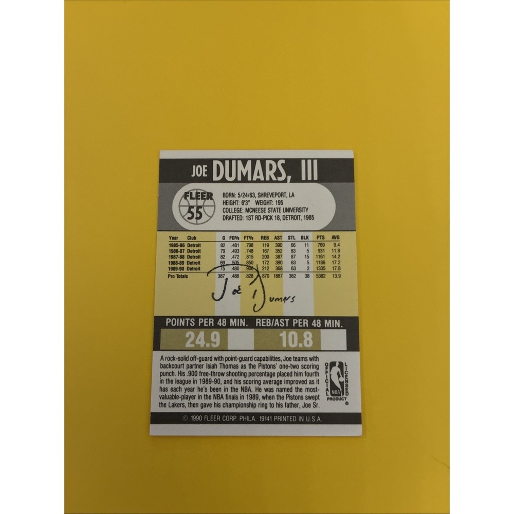 Autographed 1990-91 Fleer - Joe Dumars #55-In Person Autograph On Back Of Card